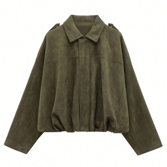 Army Green Casual Women's Loose Long Sleeves Zip up Bomber Coat Jacket - Picture 5 of 6